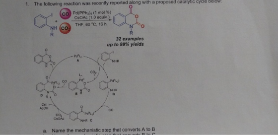 1. The following reaction was recently reported along with a proposed catalytic cycle below! co Pd(PPhals (1 mol %) CSOAC (1.