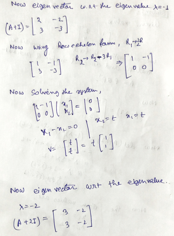 Now eigen reetor wint the eigenvalue &=-1 -2 (A43) = [] -3 Now using Row echelon farm, R, LP R₂R #3R IS -1 -3 >[: oo 3 Now s
