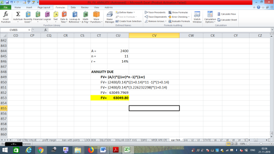 PV, FV, ANNUITY (Autosaved) Microsoft Excel (Product Activation Failed) Formulas File Home Insert Page Layout Data Review Vie