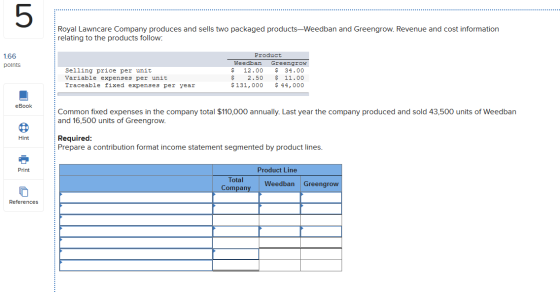 Royal Lawncare Company produces and sells two packaged products-Weedban and Greengrow. Revenue and cost information relating
