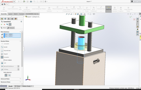 BS SOLIDWORKS Assem1* > Search Comma Insert Components Mate Linear Component Pattern Move Component Assemb... Referenc... Exp