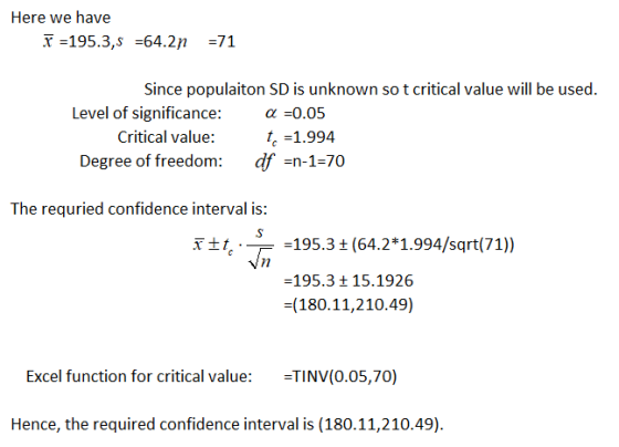 Here we have =195.3,5 =64.2n =71 Since populaiton SD is unknown so t critical value will be used. Level of significance: a=0.