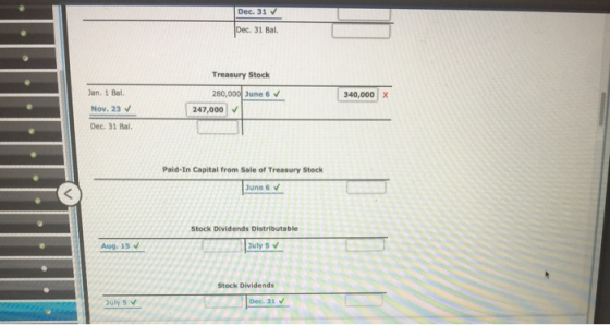 Dec. 31 Dec. 31 Bal. Treasury Stock Jan. 1 Bal. 340,000 x 280,000 June 6 247,000 ✓ Nov. 23 ✓ Dec. 31 Bal. Pald-In Capital fro