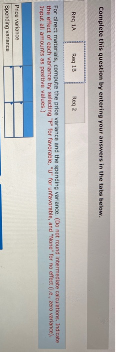Complete this question by entering your answers in the tabs below. Reg 1A Reg 1B Reg 2 For direct materials, compute the pric