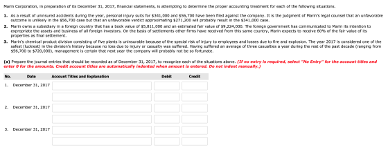 Marin Corporation, in preparation of its December 31, 2017, financial statements, is attempting to determine the proper accou