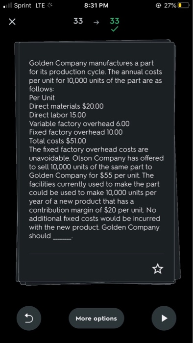 .l Sprint LTE ** 8:31 PM 27% 337 33 Golden Company manufactures a part for its production cycle. The annual costs per unit fo