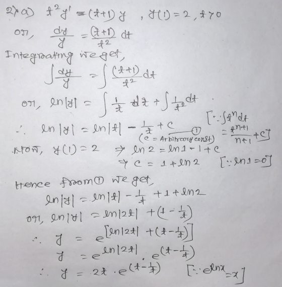 27a) t ² g = (2+1 y (1) = 2, A TO on, die dy - (A+1) at 42 Integrating weget, (& 1 at dy af s dat adt t 49 1 t =enti +] nel t