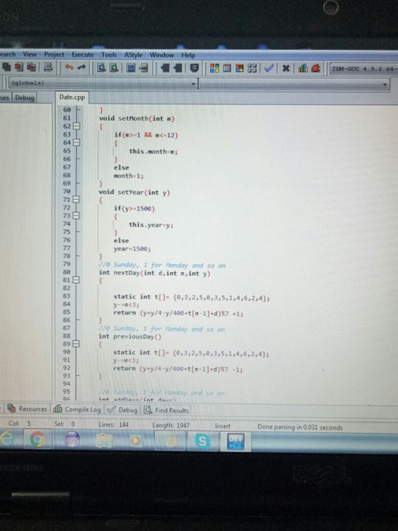 earch View Window Hel (globals) ses Debug Date.cpp 60 61 62 63 64 65 void setMonth(int m) this.month m 67 else month-1; 69 F