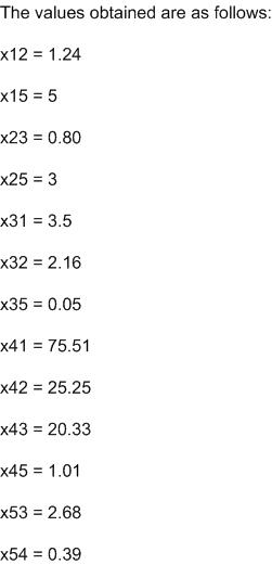 The values obtained are as follows: x12 = 1.24 x15 = 5 x23 = 0.80 x25 = 3 *31 = 3.5 *32 = 2.16 *35 = 0.05 x41 = 75.51 x42 = 2