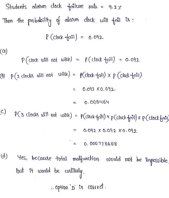 9.2% Students alearm clock failure rate Then the probability of alarm clock will fail ix : P (clock fail) 0.092 (@) P(clock w