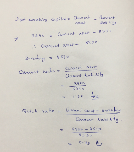 Net working - capital = - Current asset Current liability 3550 = Current asset - 5350 : aurent asset - 8900 Inventory = 4690