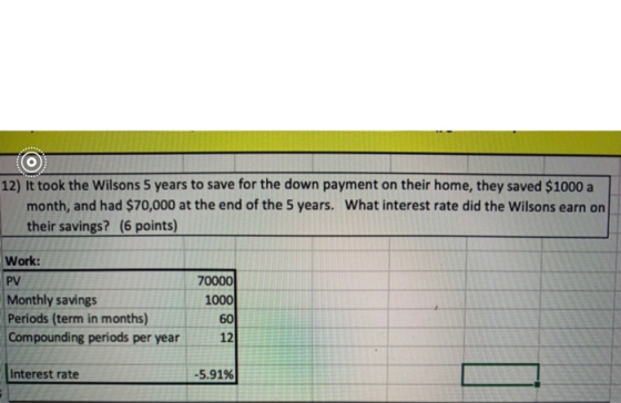 12) It took the Wilsons 5 years to save for the down payment on their home, they saved $1000 a month, and had $70,000 at the