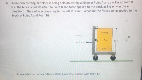 b. A uniform rectangular block is being held on cart by a hinge at Point A and a roller at Point B (i.e. the block is not att