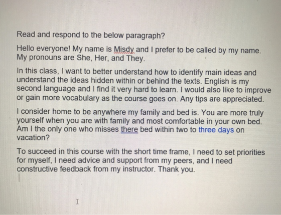 Read and respond to the below paragraph? Hello everyone! My name is Misdy and I prefer to be called by my name. My pronouns a