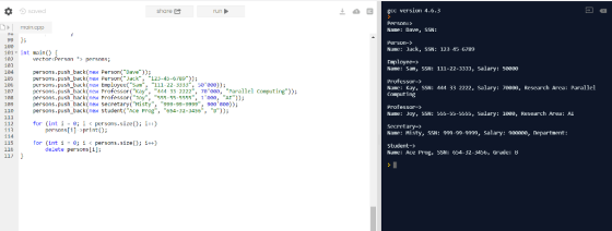 saved share gcc version 4.6.3 man.cpo Name: Dave, SSN: Per son-> 10e 101- int main Name Jack, SSN: 123 45 6789 vector<Persnn