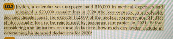 LO.2 Jayden, a calendar year taxpayer, paid $16,000 in medical expenses and sustained a $20,000 casualty loss in 2020 the los