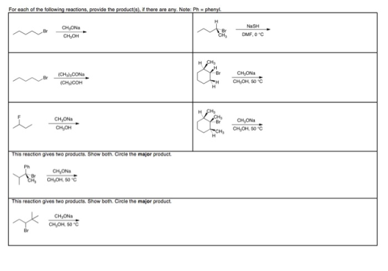 For each of the following reactions, provide the product(s), if there are any. Note: Phphenyl. CH,ONa NaSH DMF, OC CH, OH Br