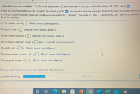 Financial statement analysis The financial statements of Zach Industries for the year ended December 31, 2019, follow a. Use