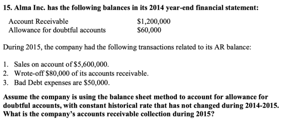 15. Alma Inc. has the following balances in its 2014 year-end financial statement: Account Receivable Allowance for doubtful