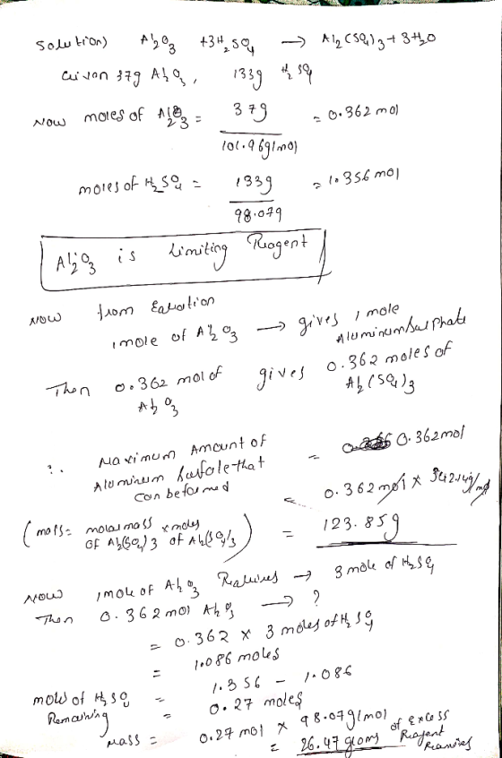 SUL Sol tron) Ay@z +34,5 - Alq CSQ]3+ 340 cilen 379 Abg 1339 th so Now mores of neu - 379 0.362 mol 101.969/mol moies of M_38