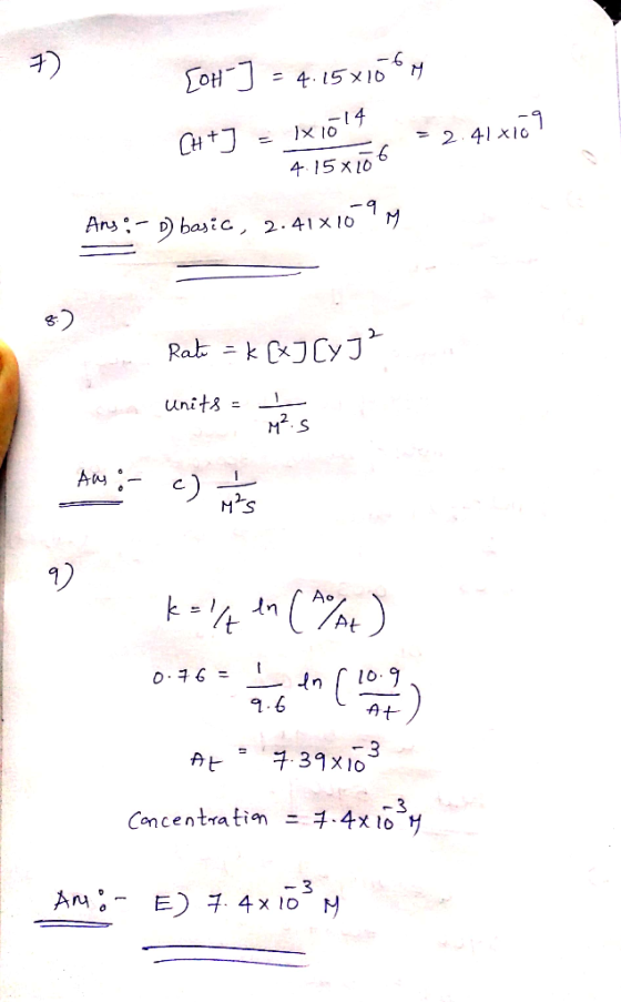 [OH-] = 4.15x1564 C++] = 1x 1014 = 2.41x109 - 4.15 806 -9. Ans:- 1) basic, 2.41810 M Rat = k [x][yJ? units = 1125 Aus :- MS |