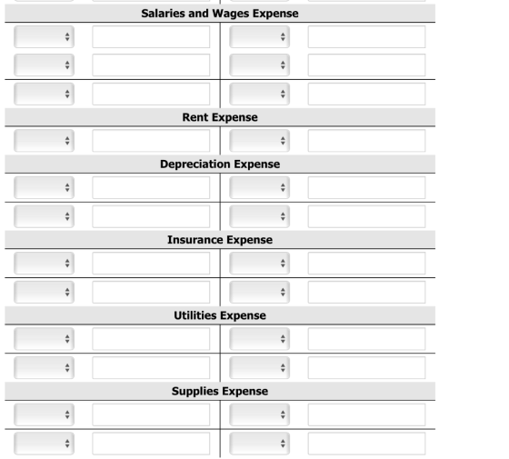 Salaries and Wages Expense Rent Expense Depreciation Expense Insurance Expense 4 Utilities Expense Supplies Expense