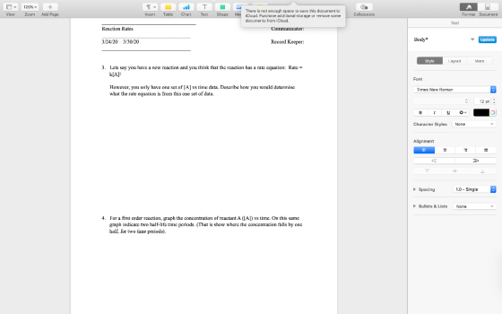 126% Zeam +. Add Page 1 Insert . Chart T Text View Table Shape Me There is not enough space to save this document to iCloud.
