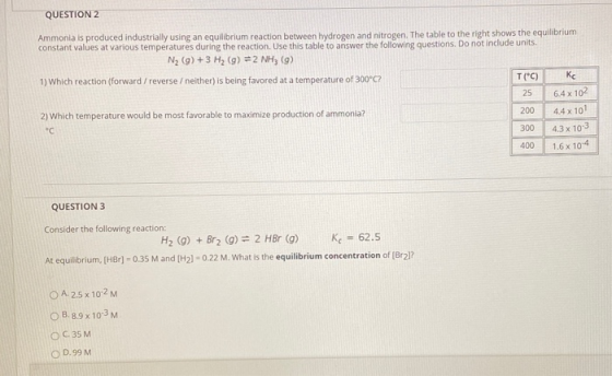 QUESTION 2 Ammonia is produced industrially using an equilibrium reaction between hydrogen and nitrogen. The table to the rig