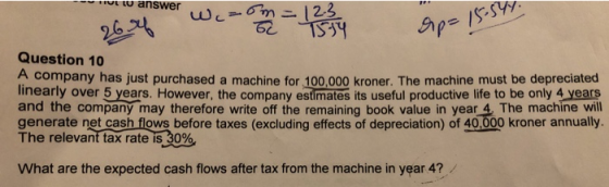Uw answer Wczom = 1 2 3 4 26.4 esp= ! Question 10 company has just purchased a machine for 100.000 kroner. The machine mus
