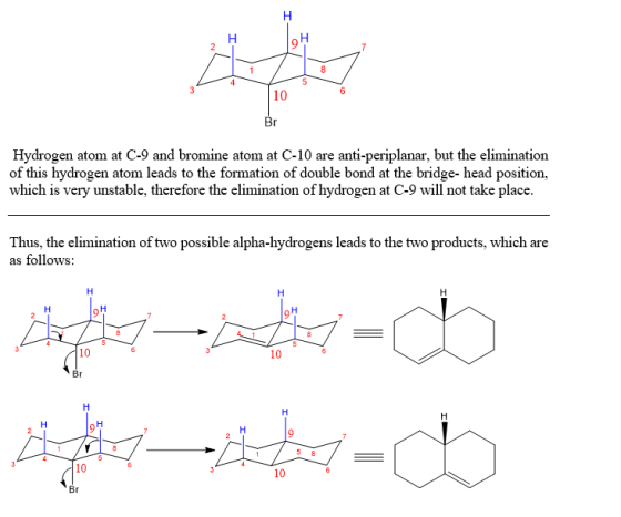 Hydrogen atom at C-9 and bromine atom at C-10 are anti-periplanar, but the elimination of this hydrogen atom leads to the for