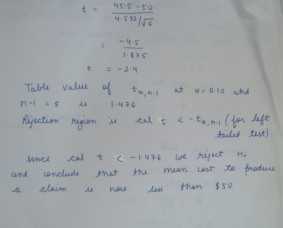 t = 45-5-50 4.593 Iro -4.5 1-875 t = -2.4 Table value of ta, no at a = 0.10 and n-1 = 5 is 1.476 Rejection region cal t <- ta