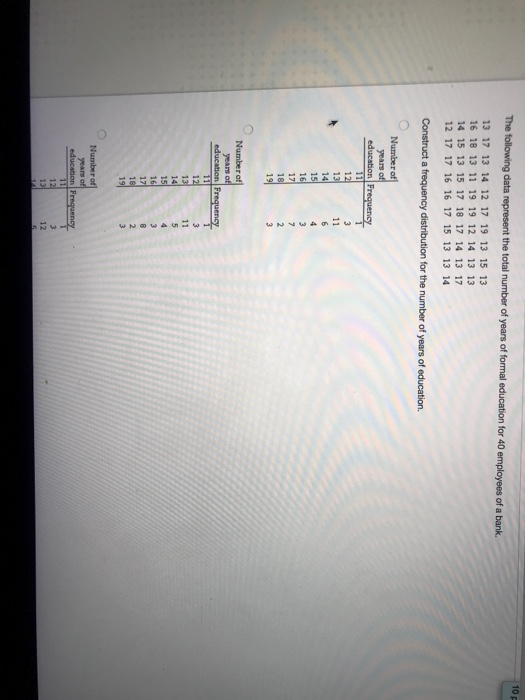 10 p The following data represent the total number of years of formal education for 40 employees of a bank. 13 17 13 14 12 17