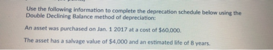 Use the following information to complete the deprecation schedule below using the Double Declining Balance method of depreci
