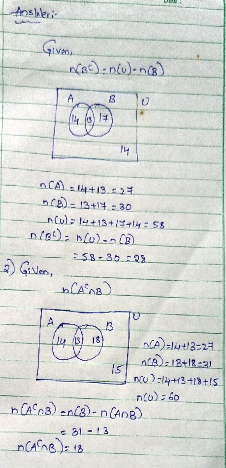 Anshleri: Given n(BC) n(u)- n(B) A (143) to 14 OCA - 14+13:27 DCB) - 13+14.230 ncul14+13+1+1458 pa): b[U). (B) 58-36222 2) Gi
