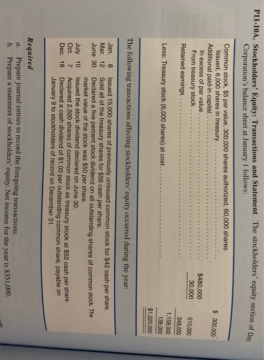 P11-10A. Stockholders Equity: Transactions and Statement The stockholders equity section of Corporations balance sheet at