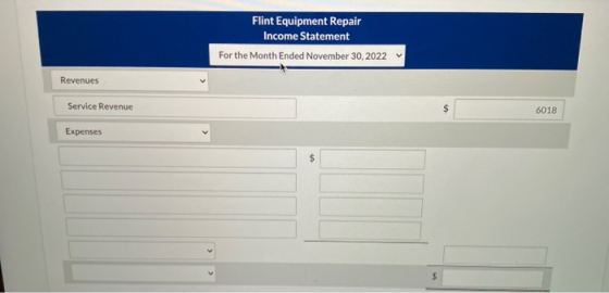 Flint Equipment Repair Income Statement For the Month Ended November 30, 2022 Revenues Service Revenue $ 6018 Expenses $ $