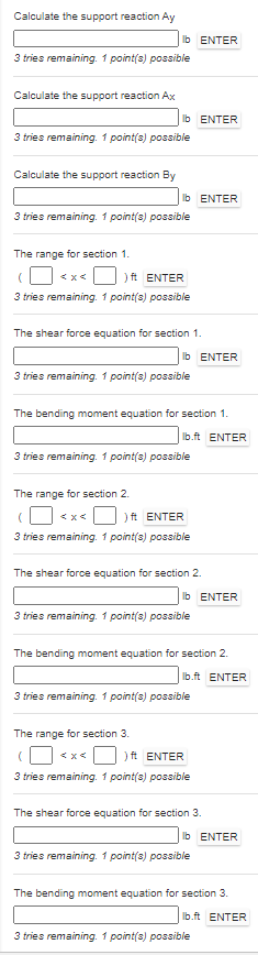 Calculate the support reaction Ay lb ENTER 3 tries remaining. 1 point(s) possible Calculate the support reaction Ax lb ENTER
