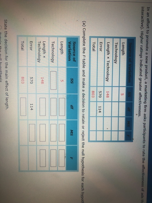 In an effort to promote a new product, a marketing firm asks participants to rate the effectiveness of ads th interactive). Higher ratings indicated greater effectiveness. Length Technology Length x Technology 148 5 Error 570 114 803 Total (a) Complete the F-table and make a decision to retain or reject the null hypothesis for each hypot Source of df MS Is Variation Length Technology Length x Technology Error Total 148 570 803 114 State the decision for the main effect of length. null hynothesis