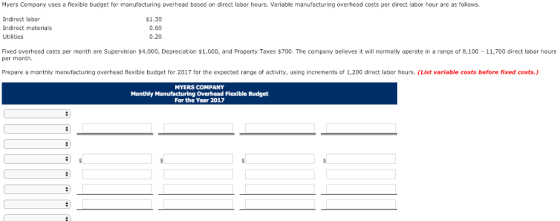 Myers Company uses a flexible budget for manufacturing overhead based on direct labor hours. Variable manufacturing overhead costs per direct labor hour are as follows. Indirect labor Indirect materials Utilities $1.30 0.60 0.20 Fixed overhead costs per month are Supervision $4,000, Depreciation $1,600, and Property Taxes $700. The company believes it will normally operate in a range of 8,100-11,700 direct labor hours per month. Prepare a monthly manufacturing overhead flexible budget for 2017 for the expected range of activity, using increments of 1,200 direct labor hours. (List variable costs before fixed costs.) MYERS COMPANY Monthly Manufacturing Overhead Flexible Budget For the Year 2017