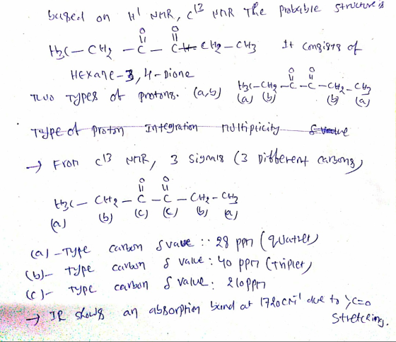 based on HI NHR., c? WAR The probable structure is thr-CH₂ -ċ- CH=CH-Cltz It consists of Hexane-3, 4-Dione . two types of pro