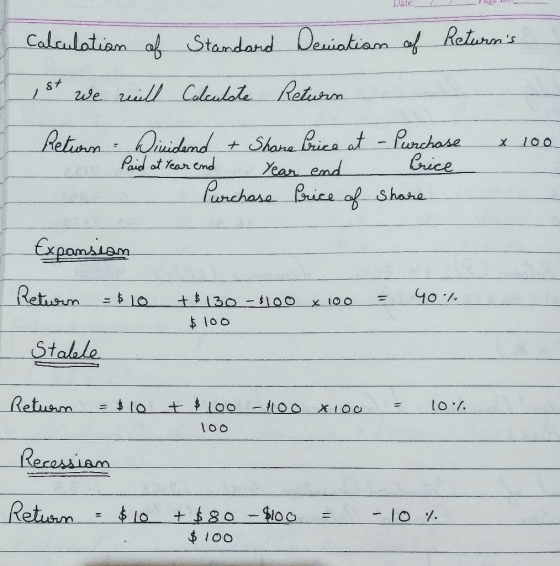 Date: JU Calculation of Standard Deuiation of Returns 1st we will Calculate Return Return - Dividend & Share Price at - Purc