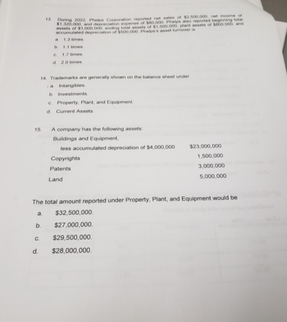 13 During 2022, Phelps Corporation reported not sales of $2.500.000 not income of 31,320,000, and depreciation pense of $80.0