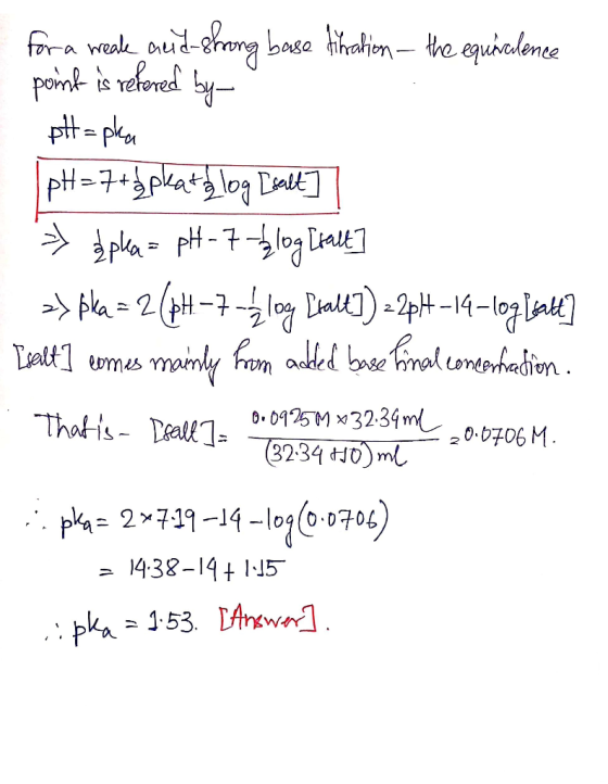 for a weak and strong base firation the equivalence ponk is refered by pH=pka (pH=7+ plato log Isalt] > {pha= pH-7-blog [kalt
