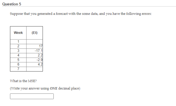 Question 5 Suppose that you generated a forecast with the some data, and you have the following errors: Week (ET) 1 2 3 4 5 6