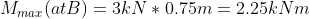 Mmar (at B) = 3kN * 0.75m = 2.25kNm
