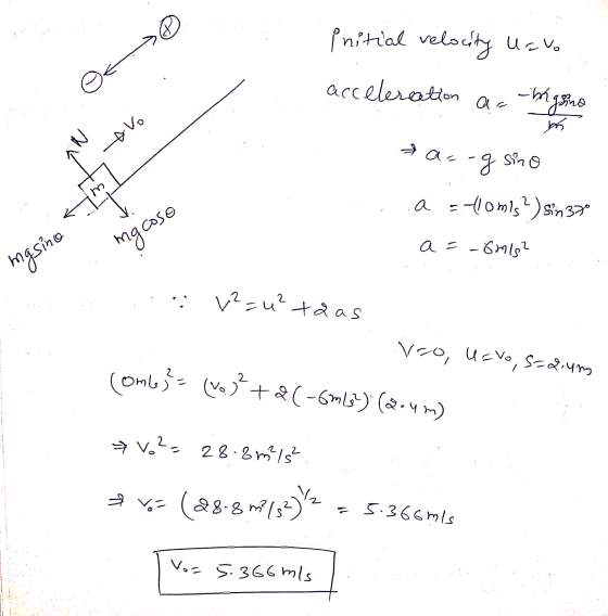 ® ot initial velocity uavo acceleration ar ngene m 2 -Avo ar - g sino m a = tomis) sin 37 <m mgcoso a = -6mls? ngsino v2=u² t