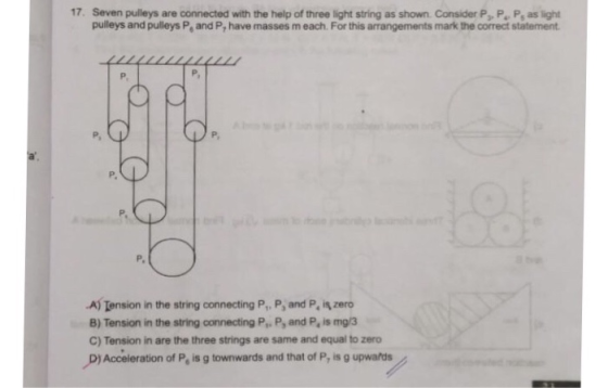 17. Seven pulleys are connected with the help of three light string as shown. Consider P, P, P, as light pulleys and pulleys