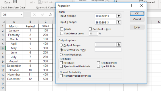 DataE AlEdit Links anced Regression Get & Transform Data Queries & Conn Input OK Об Input Y Range: Input X Range: Labels SCS2