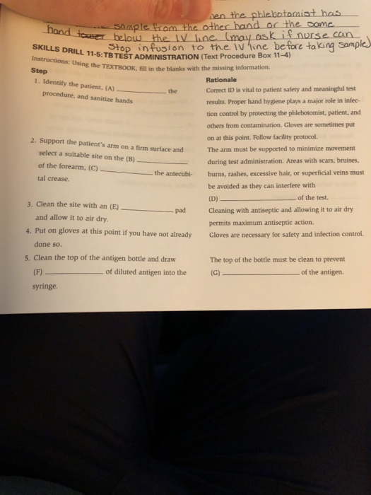 hand tout below Instructions: Using the TEXTBOOK, fill in the 1. Identify the patient. (A) procedure, and sanitize hands nen