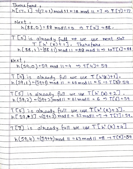 Therefore, n[171] =(17+1) mod 11=18 mod is als) I [2] =17 1 Next h(88,0)=88 modll30 TO] 288 T[o] is already full = we use nex